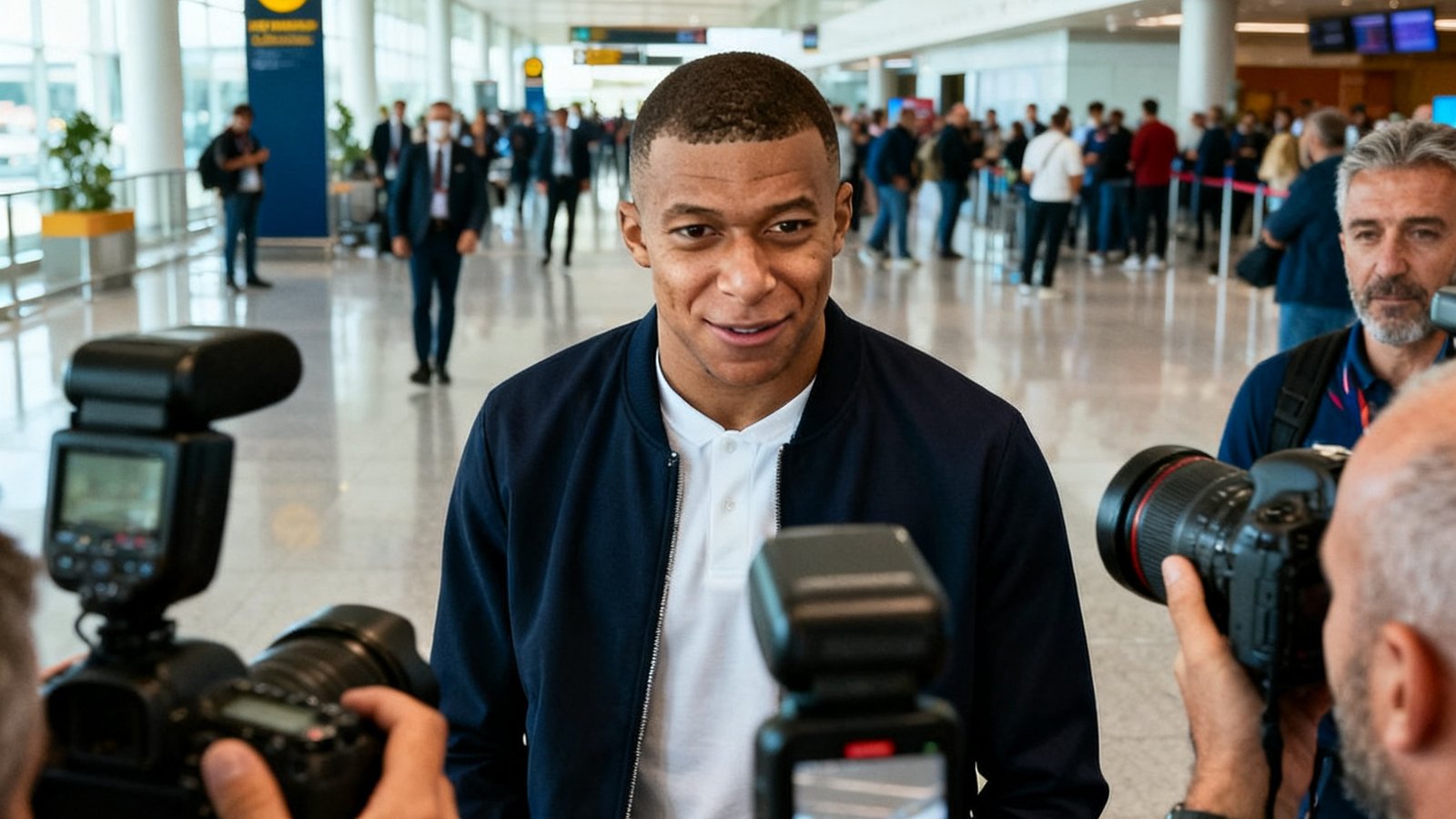 转会新闻配图：姆巴佩身穿便装现身马德里巴拉哈斯机场，被媒体镜头捕捉到的画面